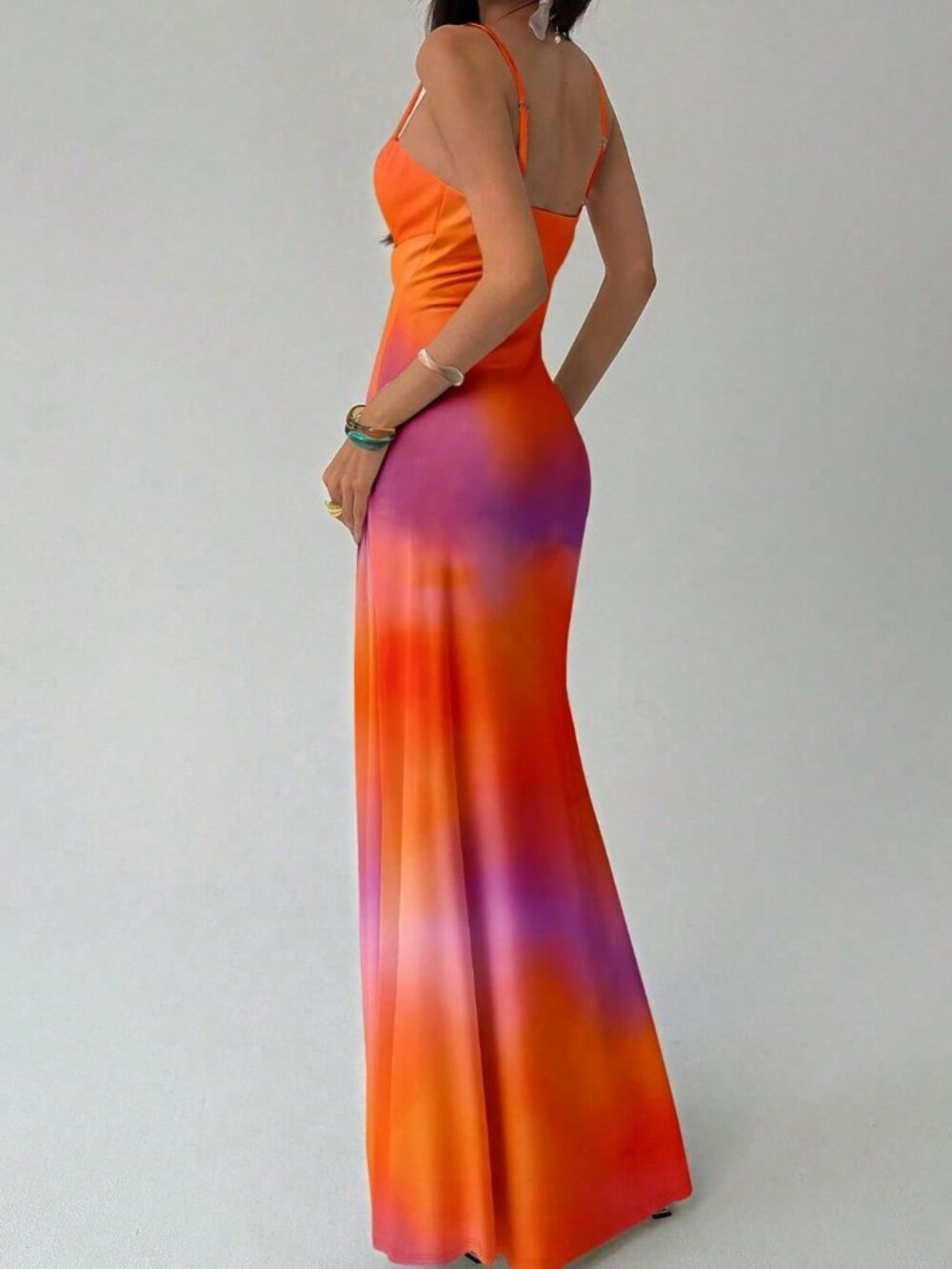 Orange Boho Women's Elegant Tie-Dye Print Slip Dress - Picture 4 of 9